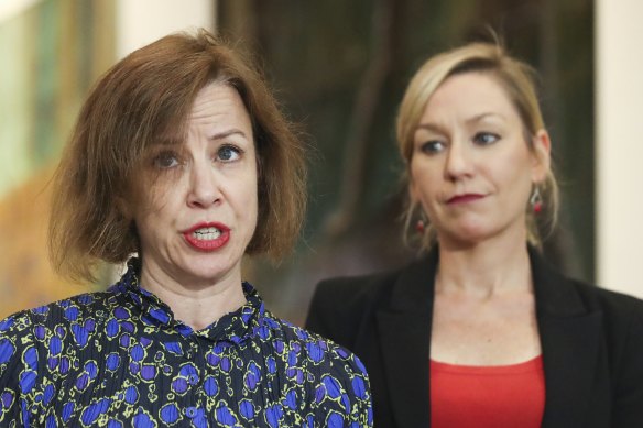 Jo Dyer and Senator Larissa Waters during a press conference on a proposed bill to establish an inquiry into Christian Porter’s fitness to be a minister.