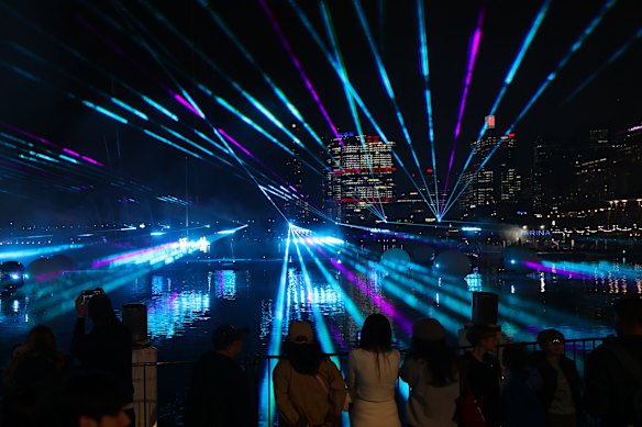 The laser light show in Darling Harbour on the first night of Vivid. 