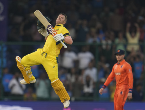 David Warner celebrates one of his two centuries during the recent World Cup.