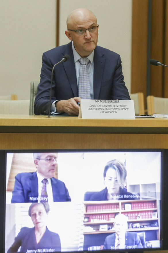 Mike Burgess at a Parliamentary Joint Committee on Intelligence and Security (PJCIS) hearing at Parliament House in Canberra last year. 