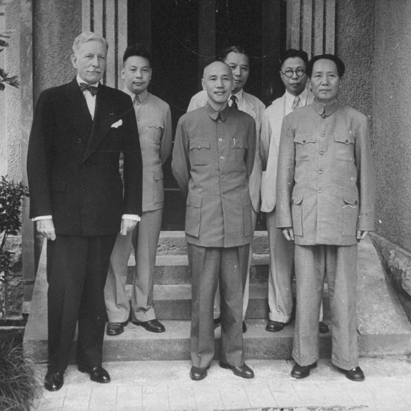 US Ambassador Patrick Hurley during ill-fated attempts to negotiate between nationalist leader Chiang Kai-Shek (centre) and Communist Mao Zedong (right) in 1945.