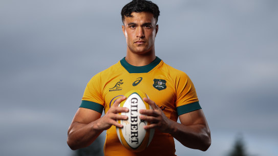 BRISBANE, AUSTRALIA - JUNE 26: Joseph Sua’ali’i poses during an Australia Wallabies Portrait Session on October 28, 2024 in Sydney, Australia. (Photo by Mark Metcalfe/Getty Images)