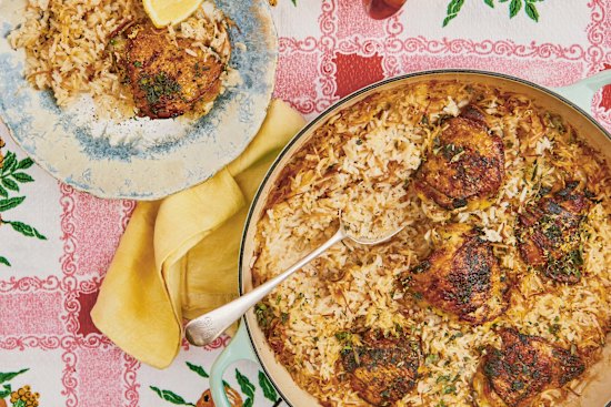 One-pot chicken thighs and rice from Greekish: Everyday Recipes with Greek Roots by Georgina Hayden.