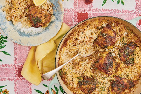 One-pot chicken thighs and rice from Greekish: Everyday Recipes with Greek Roots by Georgina Hayden.