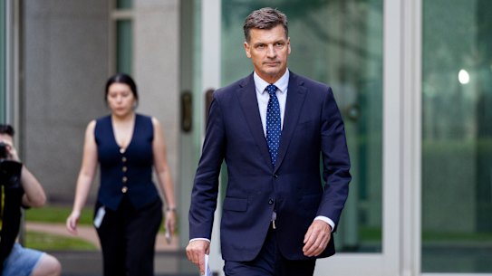 Angus Taylor MP announces his resignation from the coalition front bench at Parliament House in Canberra on February 11, 2026. fedpol Photo: Dominic Lorrimer