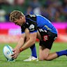 PERTH, AUSTRALIA - MARCH 11: Bryce Hegarty of the Force sets the ball up on the kicking tee for a penalty kick during the round three Super Rugby Pacific match between Western Force and Moana Pasifika at HBF Park, on March 11, 2023, in Perth, Australia. (Photo by Paul Kane/Getty Images) .