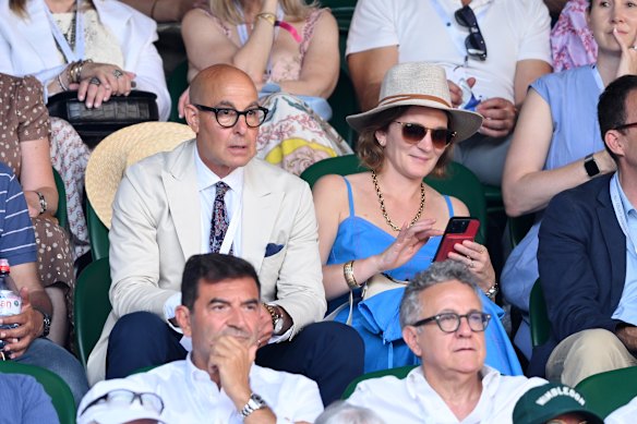 Stanley Tucci, who will be returning for The Devil Wears Prada 2, is on the edge of his seat next to wife Felicity Blunt.