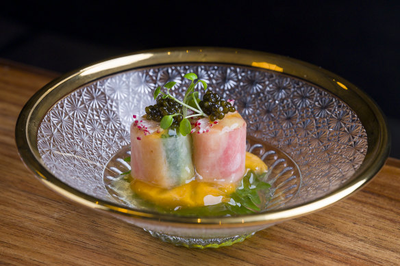 Go-to dish: sakizuke (seafood with an umami-intense dashi jelly), is finished with a bump of Kristal caviar.