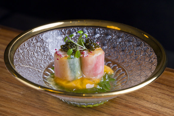 Sakizuke, seafood with an umami-intense dashi jelly, is finished with a bump of Kristal caviar.