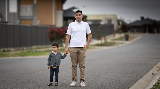 Goce Damjanoski, with three-year-old son, Luka, in Kalkallo in Melbourne’s outer-north, one of the areas where infrastructure is failing to keep up with population growth.