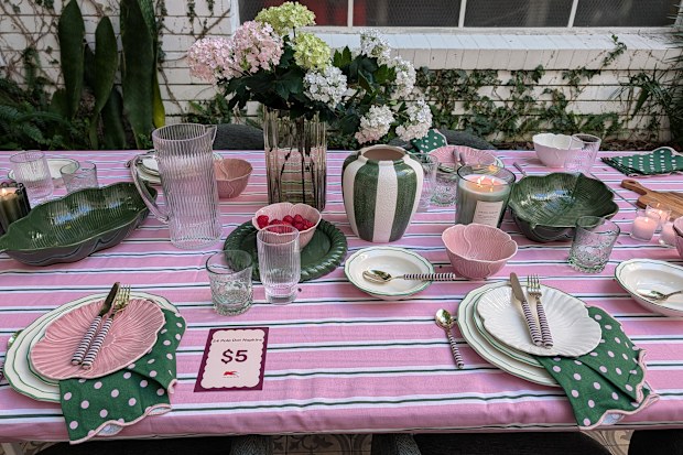 Kmart new August living collection polka dot pink stripe tablecloth and polka dot napkins