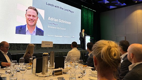 Lord Mayor Adrian Schrinner speaks at a Property Council of Australia lunch in Brisbane on Tuesday. 