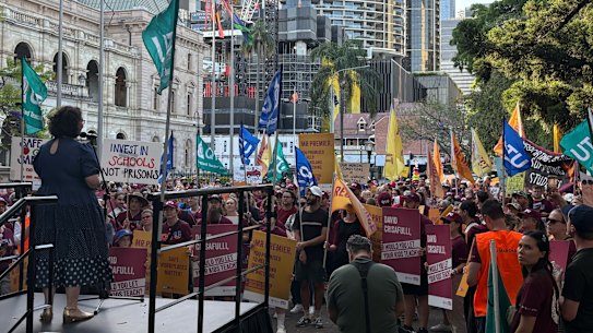 QTU general secretary Kate Ruttiman speaking to gathered teachers outside Parliament House in Brisbane.