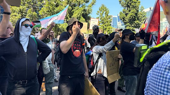 Leftist counter-protesters at the March for Australia in Brisbane.