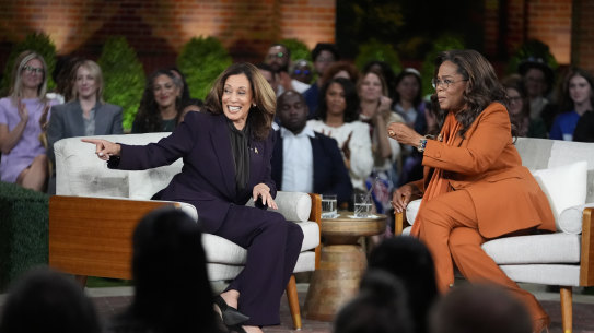 Democratic presidential nominee Vice President Kamala Harris speaks with Oprah Winfrey at Oprah’s Unite for America Live Streaming event.