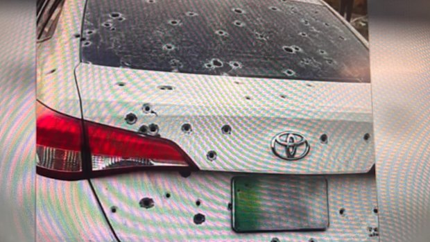 The bullet-riddled car of nine-year-old West Australian girl shot dead by police while travelling with her family in Pakistan. June 14, 2026
