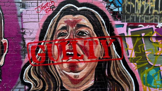 A graffiti mural of Erin Patterson has been altered to add the word “guilty” in a laneway near the Queen Victoria Market in Melbourne.