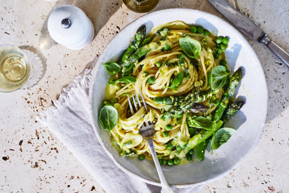 Adam Liaw’s spaghetti with spring vegetables and mascarpone.