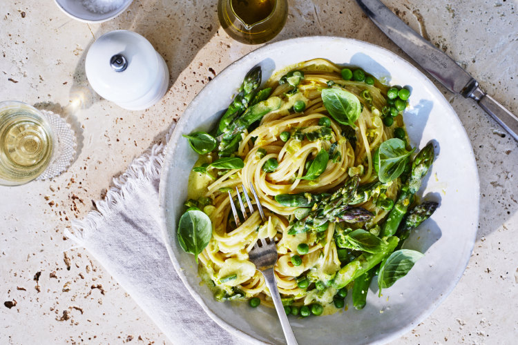 Adam Liaw’s spaghetti with spring vegetables and mascarpone.