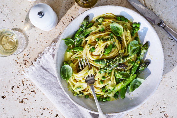 Adam Liaw’s spaghetti with spring vegetables and mascarpone