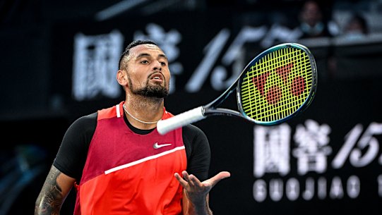 Nick Kyrgios acting every bit the showman against Liam Broady in his round one match.