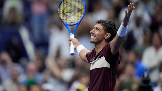 Alexei Popyrin reacts after defeating Novak Djokovic in the third round of the US Open.