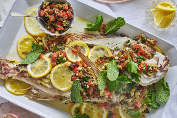 Julia Busuttil Nishimura’s Maltese-style stuffed snapper is an impressive centrepiece.