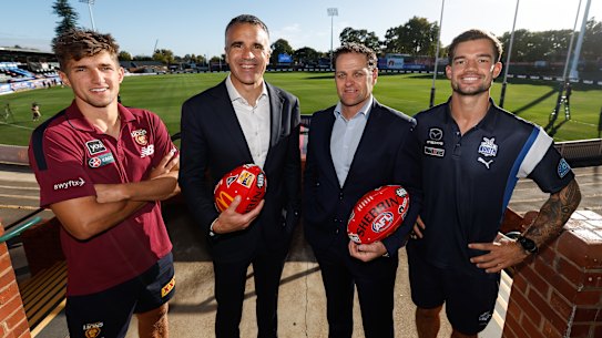 South Australian premier Peter Malinauskas (second from left) promotes Gather Round with Zac Bailey of the Brisbane Lions (to his right) , the AFL’s Josh Mahoney and North Melbourne’s Jy Simpkin.