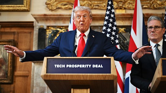 AYLESBURY, ENGLAND - SEPTEMBER 18: U.S. President Donald Trump talks at a press conference with UK Prime Minister Keir Starmer at Chequers at the conclusion of a state visit on September 18, 2025 in Aylesbury, England. This is the final day of President Trump’s second UK state visit, with the previous one taking place in 2019 during his first presidential term. (Photo by Leon Neal/Getty Images)
