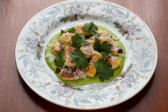 Parisian gnocchi with pea puree.