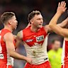 Will Hayward of the Swans celebrates a goal.