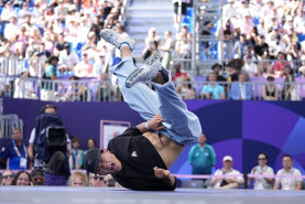Japan’s Hiroto Ono, known as B-Boy Hiro10 competes in breaking. Tom Decent wants no part in it.
