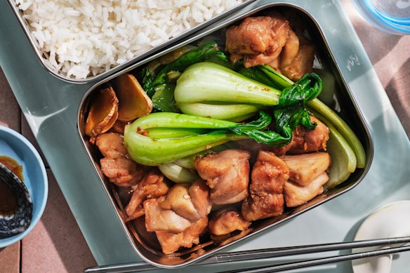 Stir-fried chicken and pak choy.