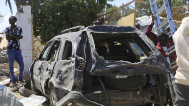 A view of a car destroyed during an attack at the Asasey Hotel in Kismayo, Somalia, in July.