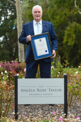 Bernie Balmer in a rose garden dedicated to Angela Taylor, the police constable he comforted in the moments after the Russell Street bombing.
