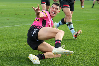 Debutant Panthers centre Charlie Staines celebrates one of his four tries on Saturday.