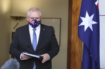 Prime Minister Scott Morrison arriving at todayâs press conference at Parliament House. 