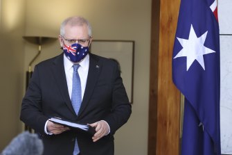 Prime Minister Scott Morrison arriving at todayâ€™s press conference at Parliament House. 