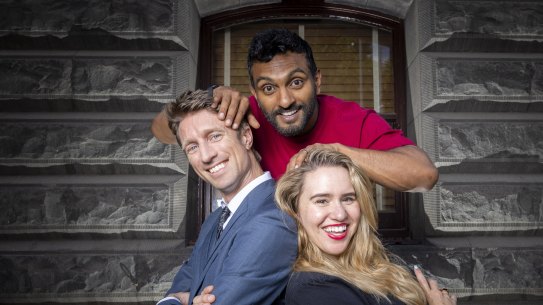 Comedians Sammy J, Nazeem Hussain and Michelle Braiser at Melbourne Town Hall.