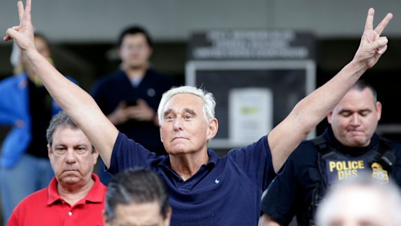 Roger Stone mimicked a Richard Nixon pose as he left a Florida court on bail.
