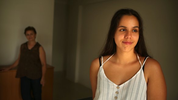 Jas, 17, with her mother Irena (in background). Jas was clinically obese at nine years old and was diagnosed with polycystic ovarian syndrome four years later.