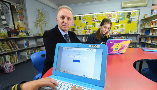 Philip Cachia, the principal of Our Lady Help of Christians School in Brunswick East, says about half of the school's Year 5 students were disconnected from the test.