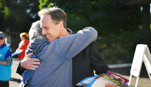 Greg Hunt campaigning at Bayview Church in Rosebud, in the seat of Flinders on Saturday. 