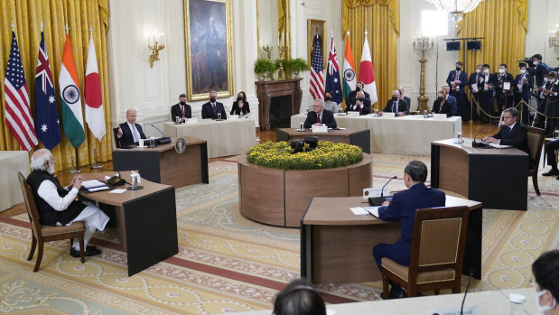 President Joe Biden speaks during the Quad summit in the East Room of the White House