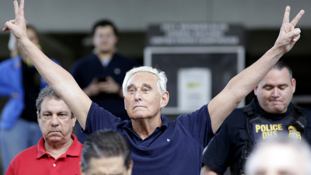 Roger Stone mimicked a Richard Nixon pose as he left a Florida court on bail.