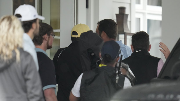 Scottie Scheffler arrives for the second round of the PGA Championship golf tournament at the Valhalla Golf Club after being taken into custody by the Louisville police department.