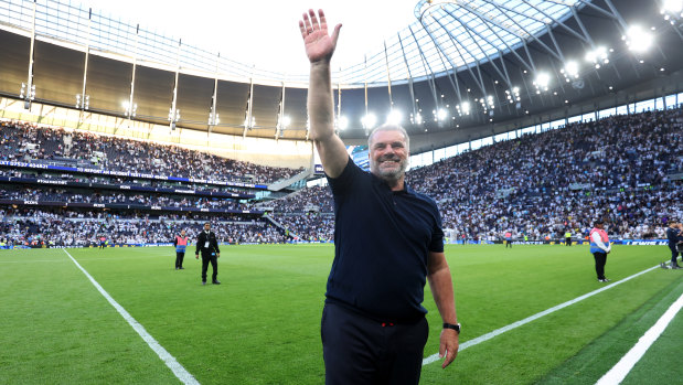 Postecoglou acknowledges the Spurs faithful after a win.