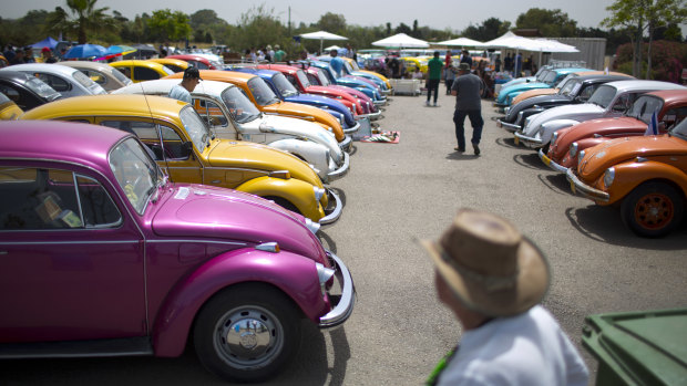Volkswagen Beetles are displayed during the annual gathering of the "Beetle club" in Yakum, central Israel in 2017.