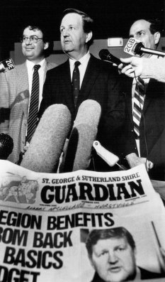 Mr Unsworth, with two of his ministers, Mr Cavalier, left, and Mr Paciullo, launching his newspaper.