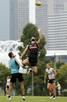 Collingwood star Brodie Grundy in action at training ahead of Collingwood’s clash with the Giants.